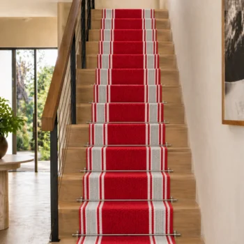 Woven Bliss – Red and white Regent Border stair runner installed on wooden staircase with decorative stair rods