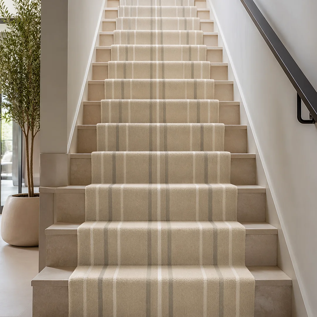 Woven Bliss – Neutral Cavendish Pinstripe stair runner installed on cream staircase with subtle grey stripe detail