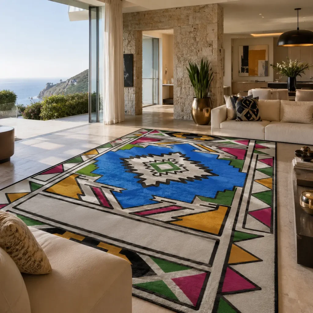 Woven Bliss – Ubuntu hand-tufted New Zealand merino wool rug with bold South African-inspired geometric design.