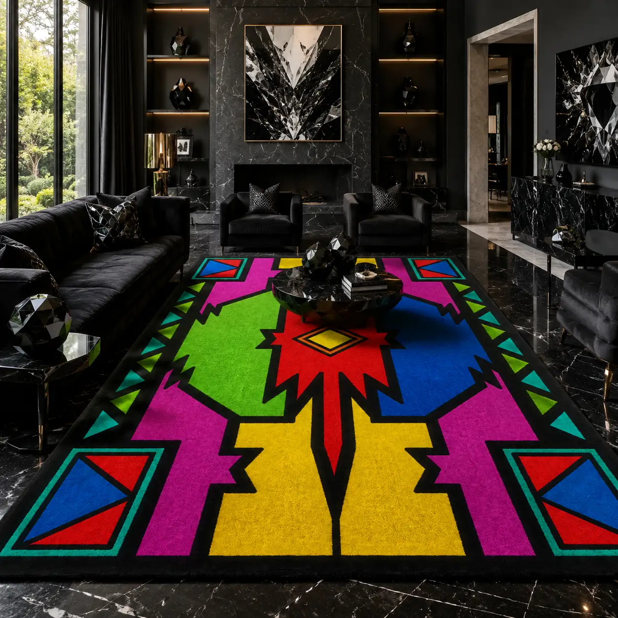 Woven Bliss – Ndebele Inspired Multicolour Rug in a black inspired living room