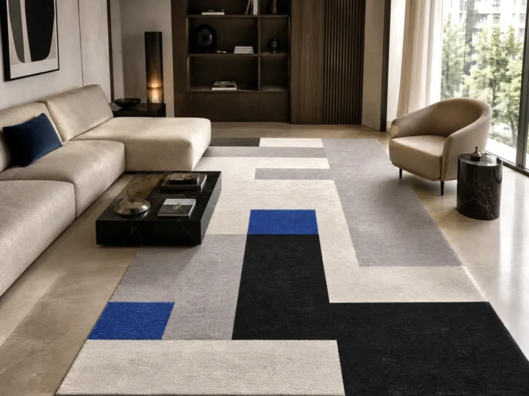 Woven Bliss – Sylva hand-tufted New Zealand merino wool rug with blue bamboo silk loop pile accents