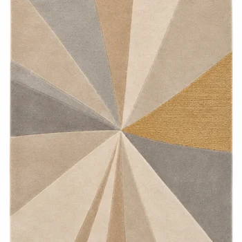 Woven Bliss – Zenith abstract sunburst luxury hand-tufted rug in neutral tones with muted gold accent