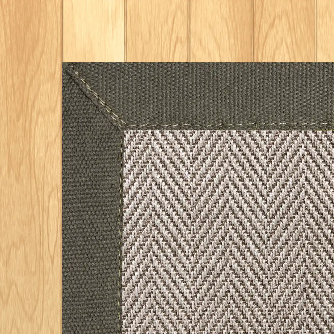 Woven Bliss – Chevron Grey Outdoor Rug with Taupe Binding