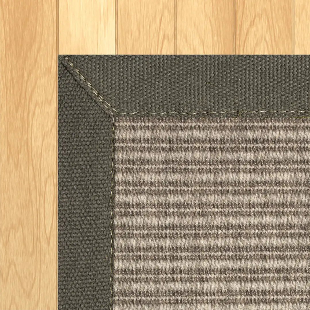 Woven Bliss – Wicker Grey Outdoor Rug with Taupe Binding