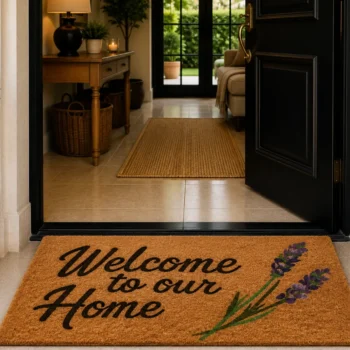 Woven Bliss – Lavender Welcome printed coir doormat with floral detail and welcoming script