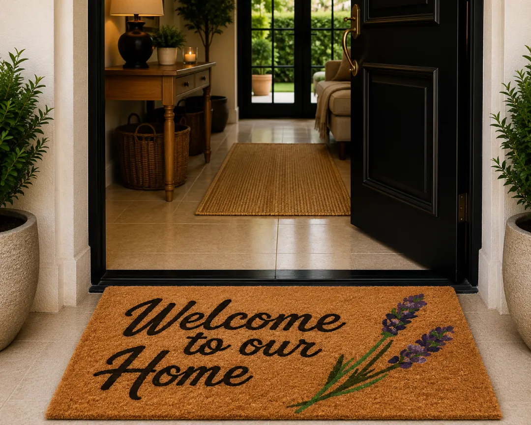 Woven Bliss – Lavender Welcome printed coir doormat with floral detail and welcoming script